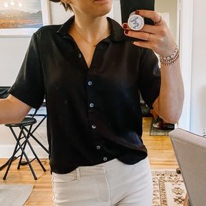 Silk like button up short sleeve black top